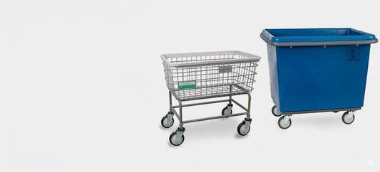 Commercial laundry carts with rolling casters for laundromat and industrial laundry transport.