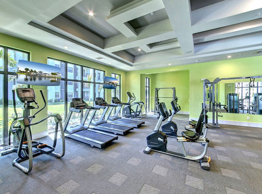 A gym with workout equipment