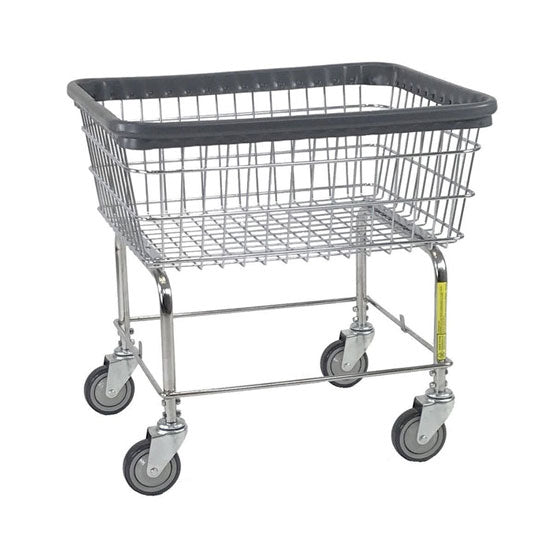 Metal shopping cart with a gray basket on a white background