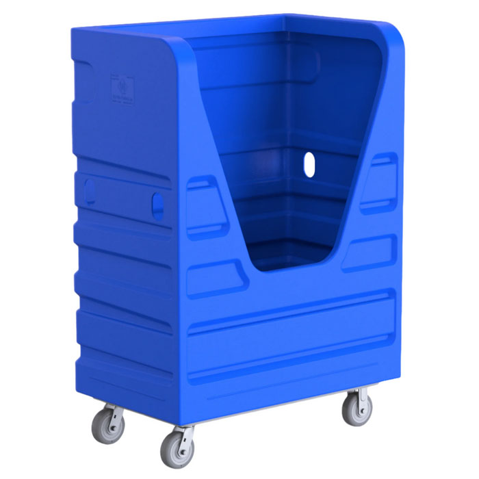 Blue plastic storage bin with wheels on a white background
