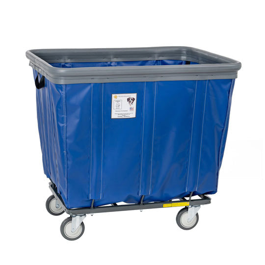 Blue trash bin with wheels on a white background