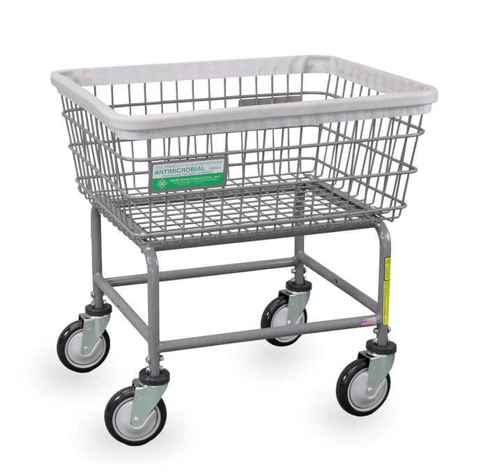 Metal shopping cart with a wire basket on a white background