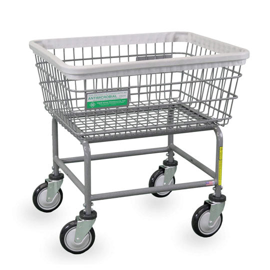Metal shopping cart with wheels on a white background