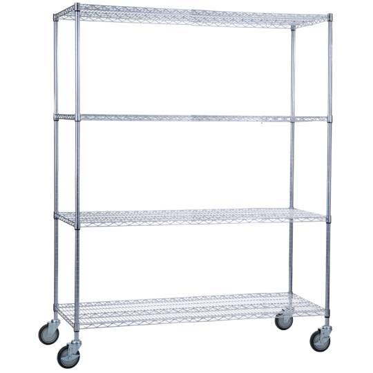 Rolling wire shelving unit.