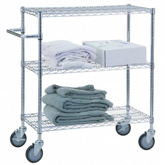 Metal shelving cart with folded towels on a white background